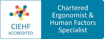 Certified ergonomics expert logo with CIEHF accreditation badge.