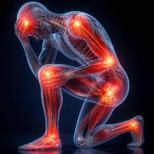 Detailed illustration of human body highlighting pain points and joints